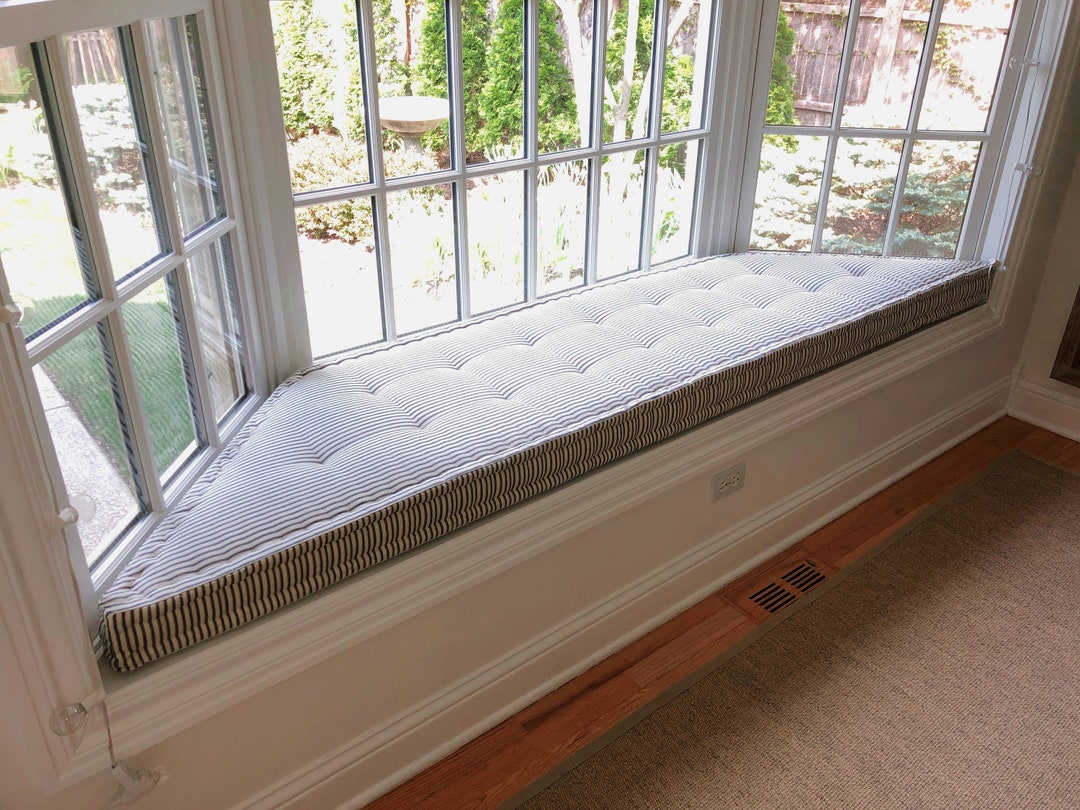 Custom Trapezoid Window Seat Cushion: French Quilted, Tufted Ticking ...