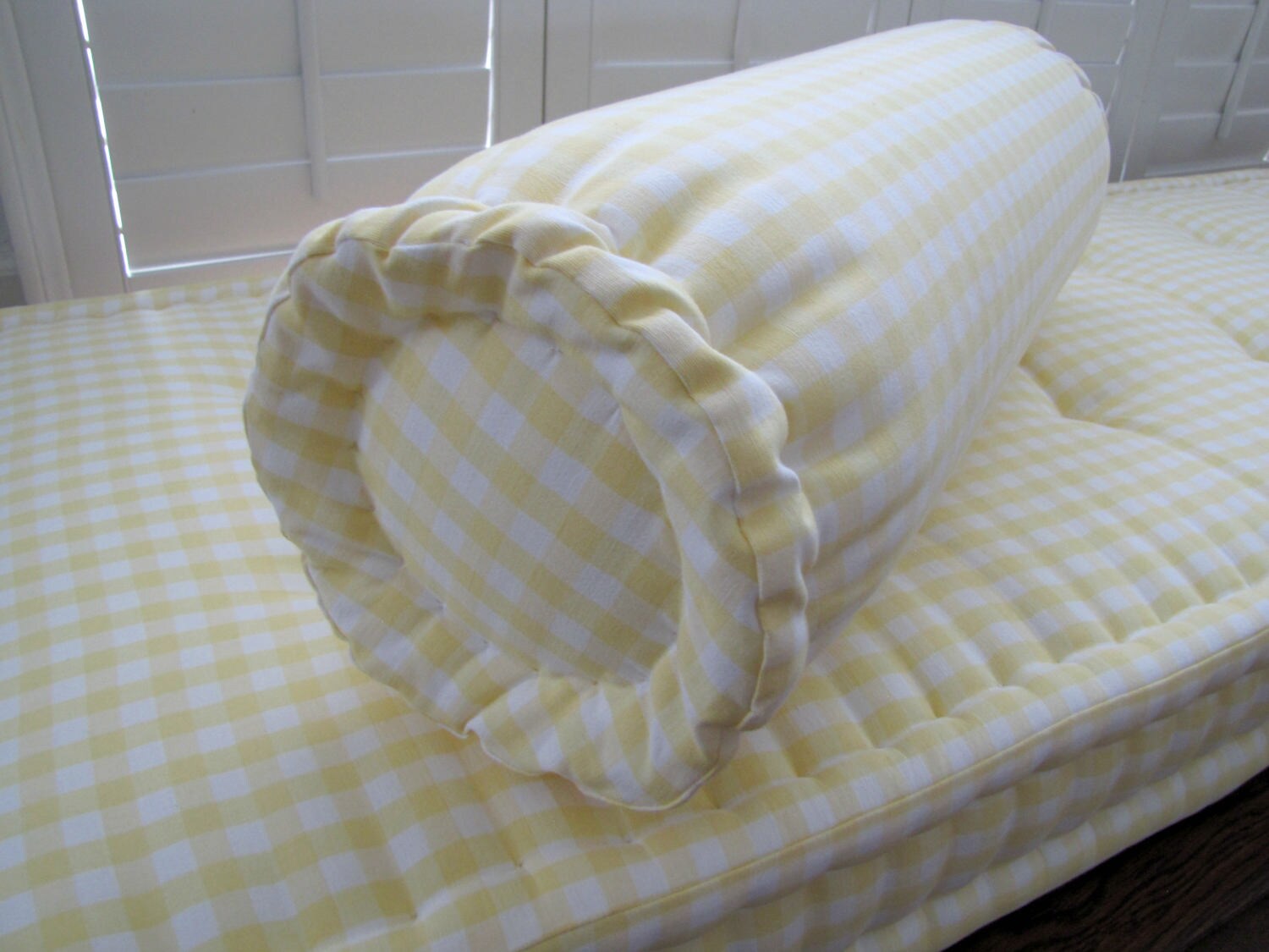 Grateful Home — Bolster Pillow, Yellow Neckroll Pillow with French