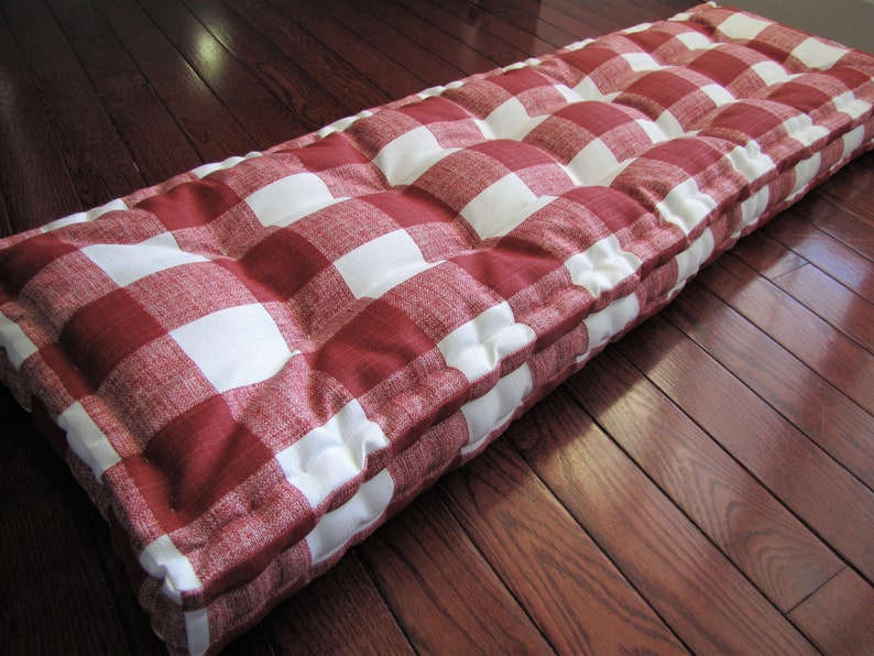 Custom Cushions French Mattress Cushion Green and Red Plaid Window Seat Cushions Buffalo Plaid Tufted Cushions Outdoor Bench Cushions