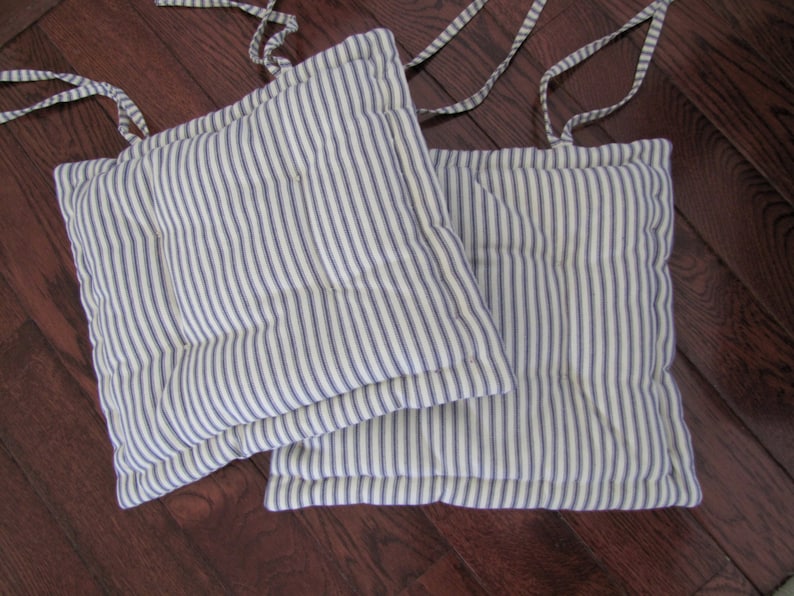 Dining Chair Pad With Ties Custom Cushion Made In Blue And White Ticking Stripe Tufted French Mattress Quilted Edges