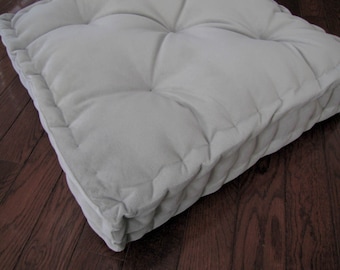 Velvet Floor Pillow, Dove Gray Tufted Floor Cushion with French Edge Quilting, Stuffed 24x24x4 Floor Pouf, Custom Floor Seating