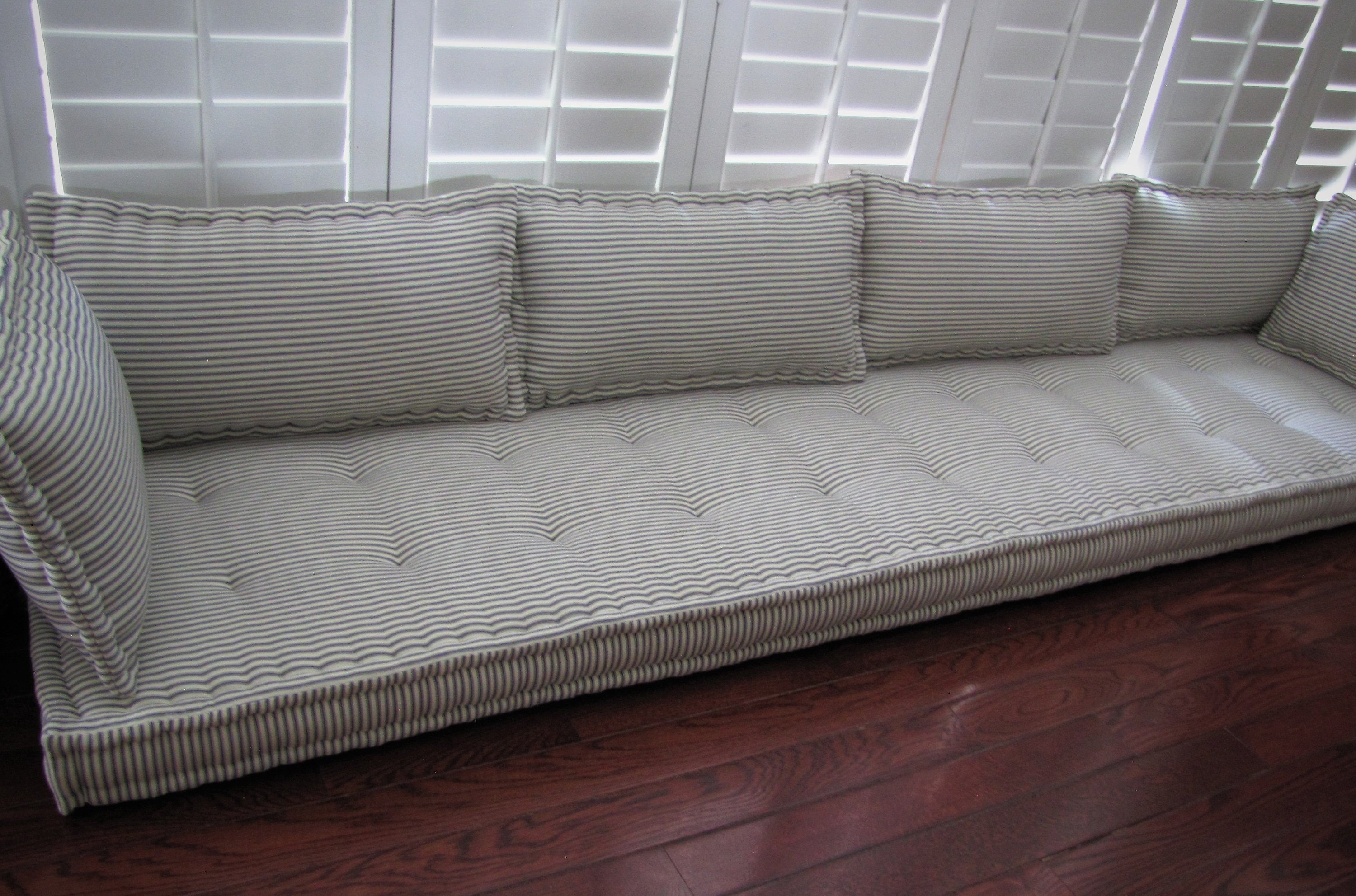 Custom Bench Cushion With Lumbar Back Pillows Blue Ticking