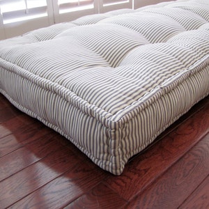 Custom Cushions, Blue Ticking Stripe, French Cushion, Hand Tufted Window Seat or Bench Seat Cushion, Floor Pillow