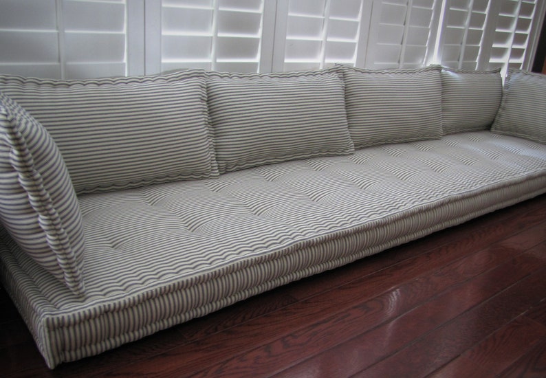 Custom Bench Cushion With Lumbar Back Pillows Blue Ticking Etsy