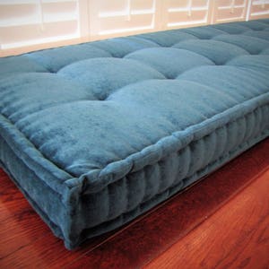 Custom Cushions, Teal Blue Velvet, French Cushion, Hand Tufted Cushions, Window Seat or Bench Seat Cushion, Floor Pillow, Custom Size image 2