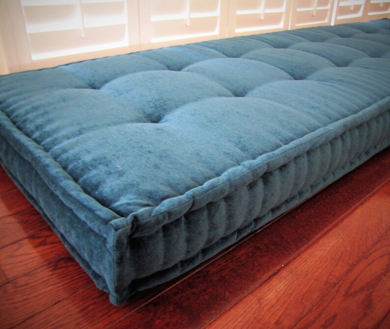 Custom Cushions, Teal Blue Velvet, French Cushion, Hand Tufted Cushions, Window Seat or Bench Seat Cushion, Floor Pillow, Custom Size image 2