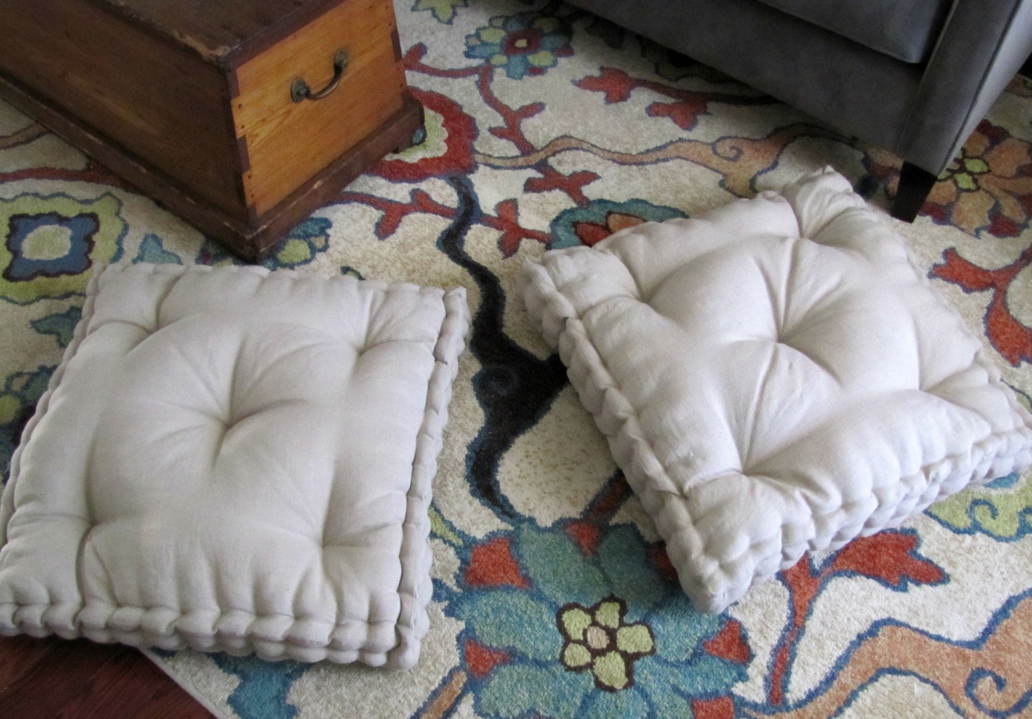 Linen Floor Pillow Tufted Floor Cushion French Cushion Etsy