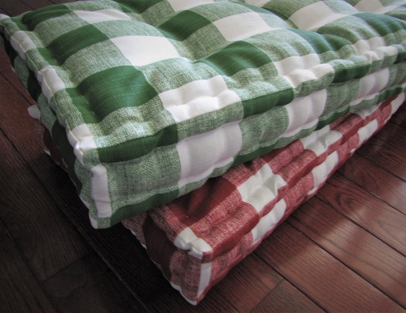 Custom Cushions French Mattress Cushion Green and Red Plaid Window Seat Cushions Buffalo Plaid Tufted Cushions Outdoor Bench Cushions