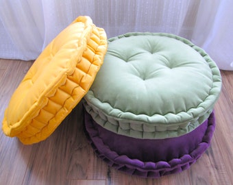 20" Round Floor Pillows, Reduced Price for the set of 3, Pouf in Purple, Green, Yellow Velvet, French Quilted Hand Tufted, Yoga, Play Room