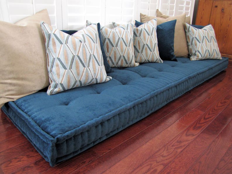 Custom Cushions, Teal Blue Velvet, French Cushion, Hand Tufted Cushions, Window Seat or Bench Seat Cushion, Floor Pillow, Custom Size image 1