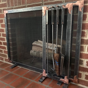 Hand-Forged Iron Fireplace Screen with Copper Details - Ouray Design