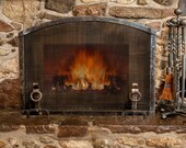 Arched Fireplace Screen with Ring Andiron Feet, Hammered Iron