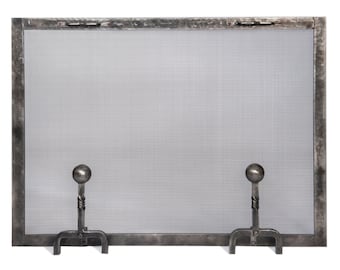 Fireplace screen ball andiron feet hand forged rectangle