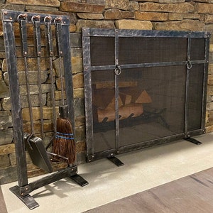 Handmade Forged Iron Fireplace Screen and Tool Set: Mission Style Hearth Decor