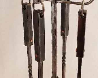 Fireplace tool set, forged iron 5 piece with square handles gifts