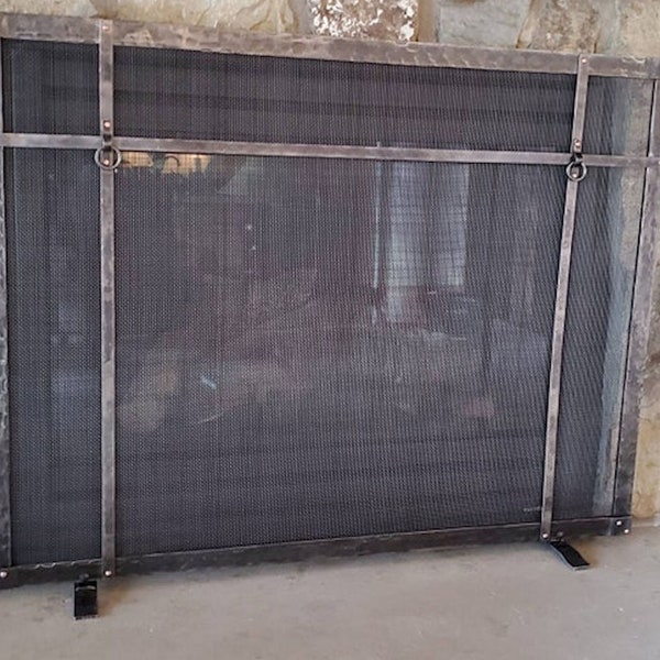 Fireplace screen freestanding craftsman mission style handmade forged iron copper rivets