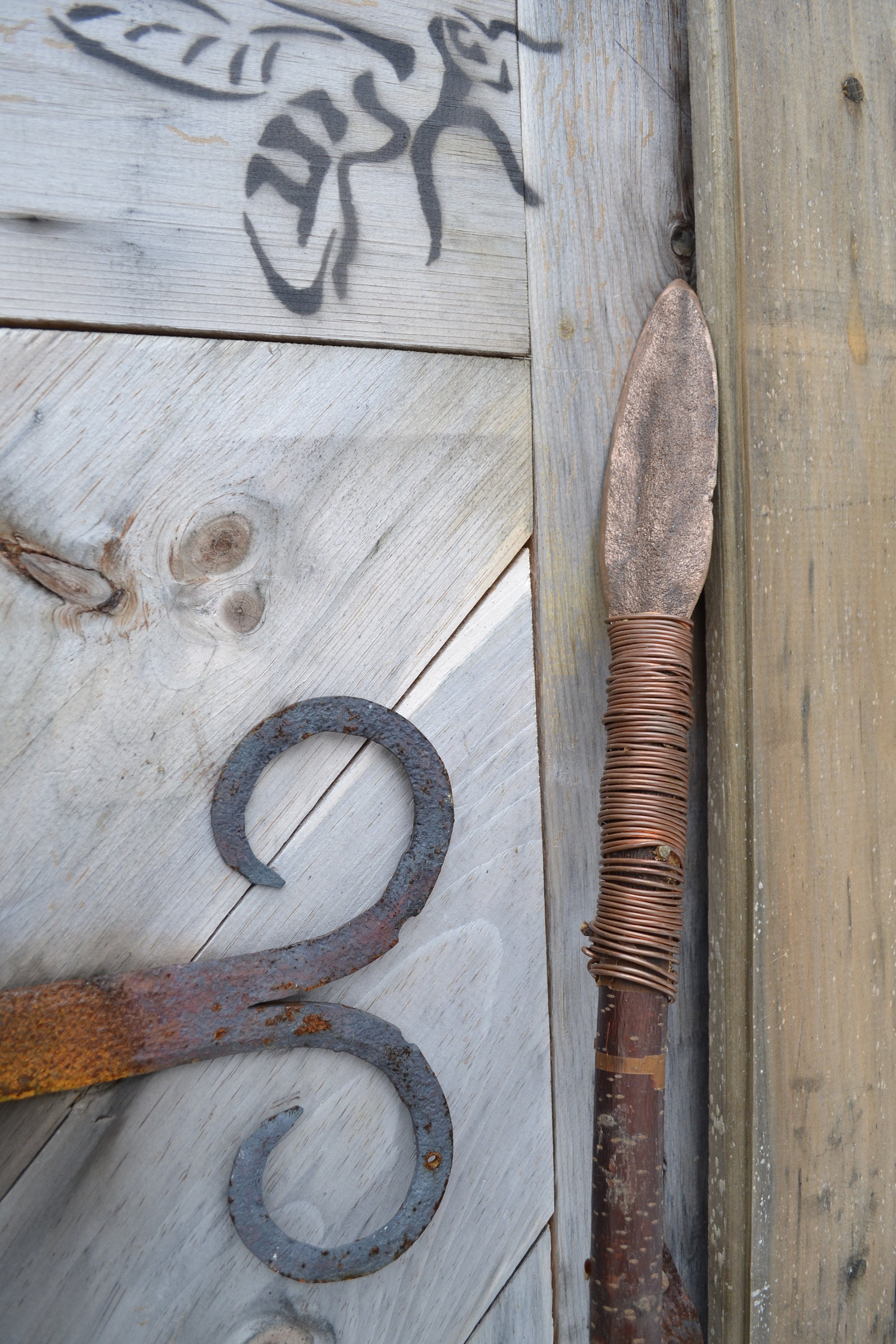 Sand cast bronze spear 74" long copper wrapped