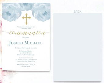 Communion Invitations Boy | Elegant First Communion Invitations Boy | Boy Communion Invitations | Blue Floral Communion Invitations
