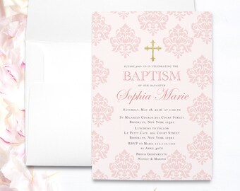 Pink Christening Invitations | Pink Damask Baptism | Baptism Invitation Girl | Girl Christening Invitation | Baptism C06G Printed