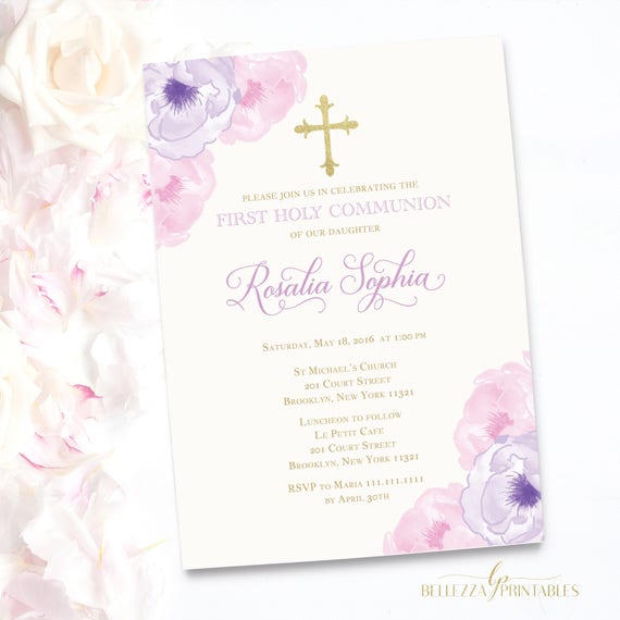 Purple Communion Invitations | Girl Communion Invites | First Holy Communion | Pink & Purple Floral Communion | FHC10G Il_570xn