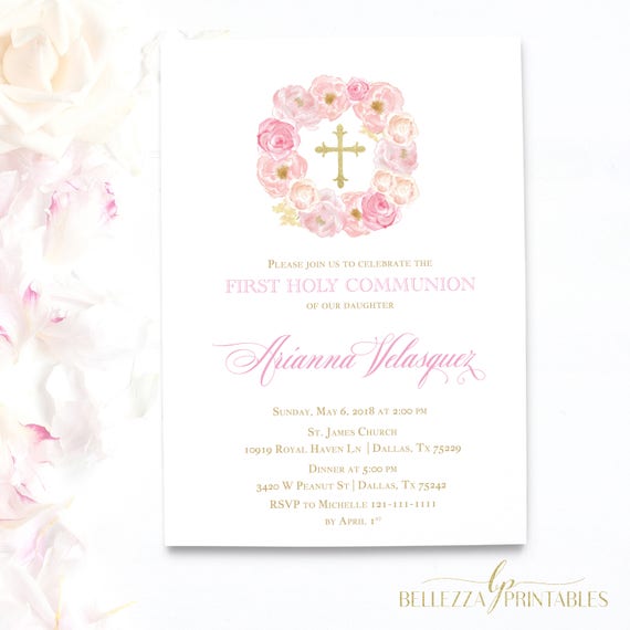 Primera Comunion Invitaciones | Girls First Communion invitation with pink floral wreath and gold cross | Girls First Holy | FHC29G Il_570xn