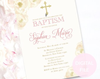 Ivory Gold Pink Baptism Invitation | Girl Baptism Printable | Pink and Gold  Invitations | Spanish Baptism Invitations C10G Digital