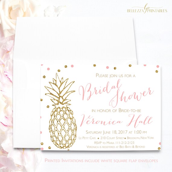 Pineapple Bridal Shower Blush Gold Glitter Pineapple Bridal Shower Blush Gold Glitter Invitation Invitations Printed Spring Bs38