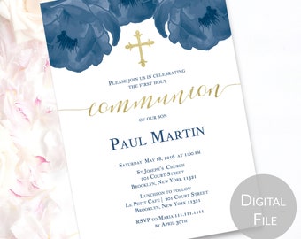 Navy Blue Communion Invitation Digital File | Boy Digital First Holy Communion Invitation | Navy Digital Communion Invite | JPEG or PDF