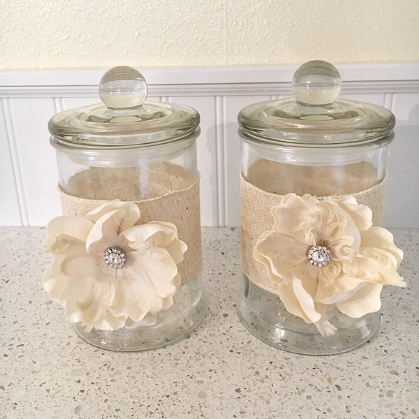 RESERVED FOR MARYANN! Glass container storage jars - kitchen canister set - bathroom storage decor - shabby chic Apothecary jars