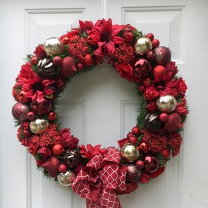 Red and gold Christmas wreath red Holiday ornament wreath Christmas front door wreath Holiday decoration image 1