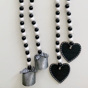 Wood bead heart garland - Farmhouse tiered tray decor - black and white bead decoration