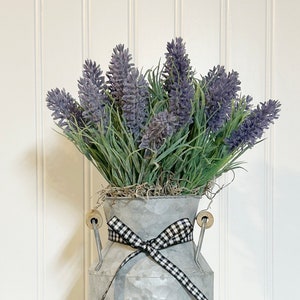 Rustic Lavender Farmhouse decor - flower arrangement in tin vase - table top decoration