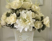 White silk flower arrangement - shabby chic rose centerpiece - floral table decor - floral centerpiece for wedding decoration