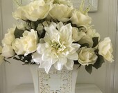 White silk flower arrangement - shabby chic rose centerpiece - floral table decor - floral centerpiece for wedding decoration