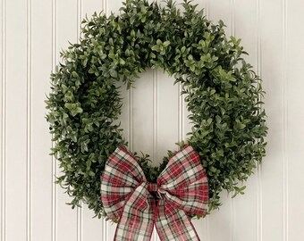 Boxwood Christmas wreath with plaid bow - 16" Farmhouse Holiday decor