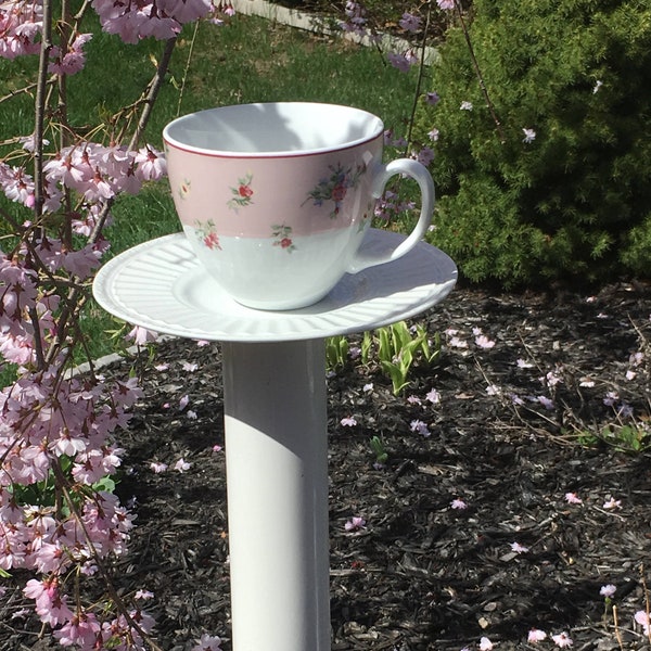 Upcycled bird feeder stake - ceramic teacup and saucer feeder - repurposed garden stakes - Laura Ashley vintage china