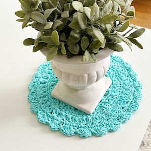 Aqua colored farmhouse table decor crochet doily - kitchen placemat - mandala style doily and coaster home decor