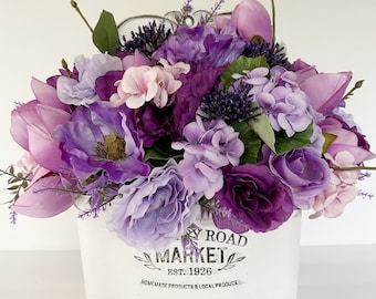 Purple flower arrangement - French Country Farmhouse decor in distressed metal planter