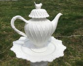 White teapot whimsy - teapot garden decoration - ceramic garden stake - upcycled bird feeder - garden whimsy - teapot feeder - Gift for Mom
