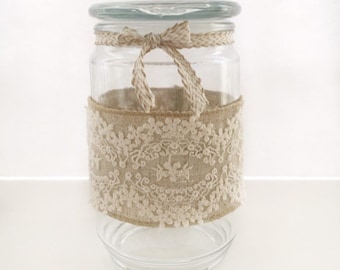 Shabby cottage chic glass jar container - kitchen storage canister or bathroom storage jar