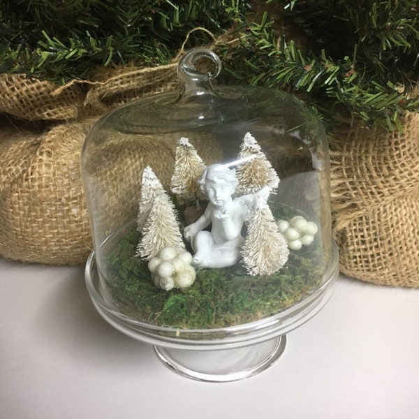 Small Christmas decorations Angel - glass cloche dome arrangement - Angel figurine Winter decor - Christmas gift for friend or co-worker