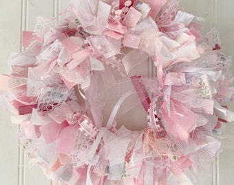 13&quot; pink rag wreath - nursery wall decor - girls room decoration