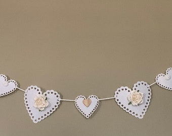 White heart garland - felted heart banner - Valentine's day decor