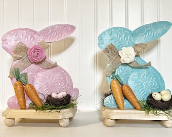 Easter bunny table top decor - Spring centerpiece - metal bunny on wood tray