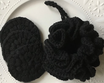 Black bath pouf and crochet scrubby set - Bath and Shower gift set for women - zero waste gift