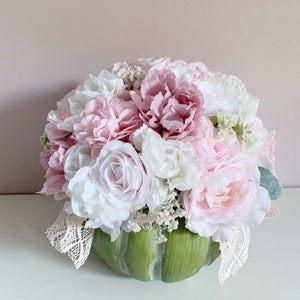 Pumpkin centerpiece farmhouse decor pink Fall decor shabby style wedding flower arrangement in a pumpkin image 3