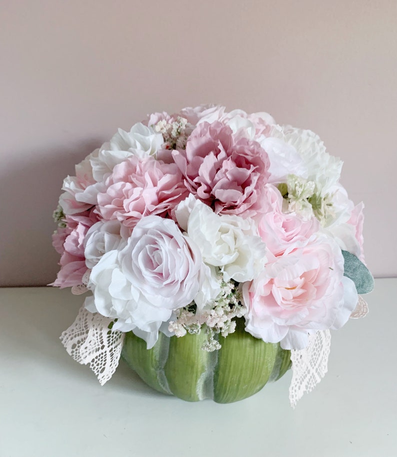 Pumpkin centerpiece farmhouse decor pink Fall decor shabby style wedding flower arrangement in a pumpkin image 3