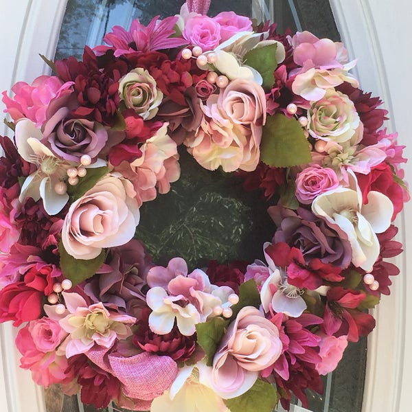 Pink front door wreath - cottage wreath - pink flower wreath - spring flower wreath - summer wreath - shabby chic wreath - housewarming gift