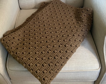 Textured brown crochet throw blanket - housewarming gift handmade