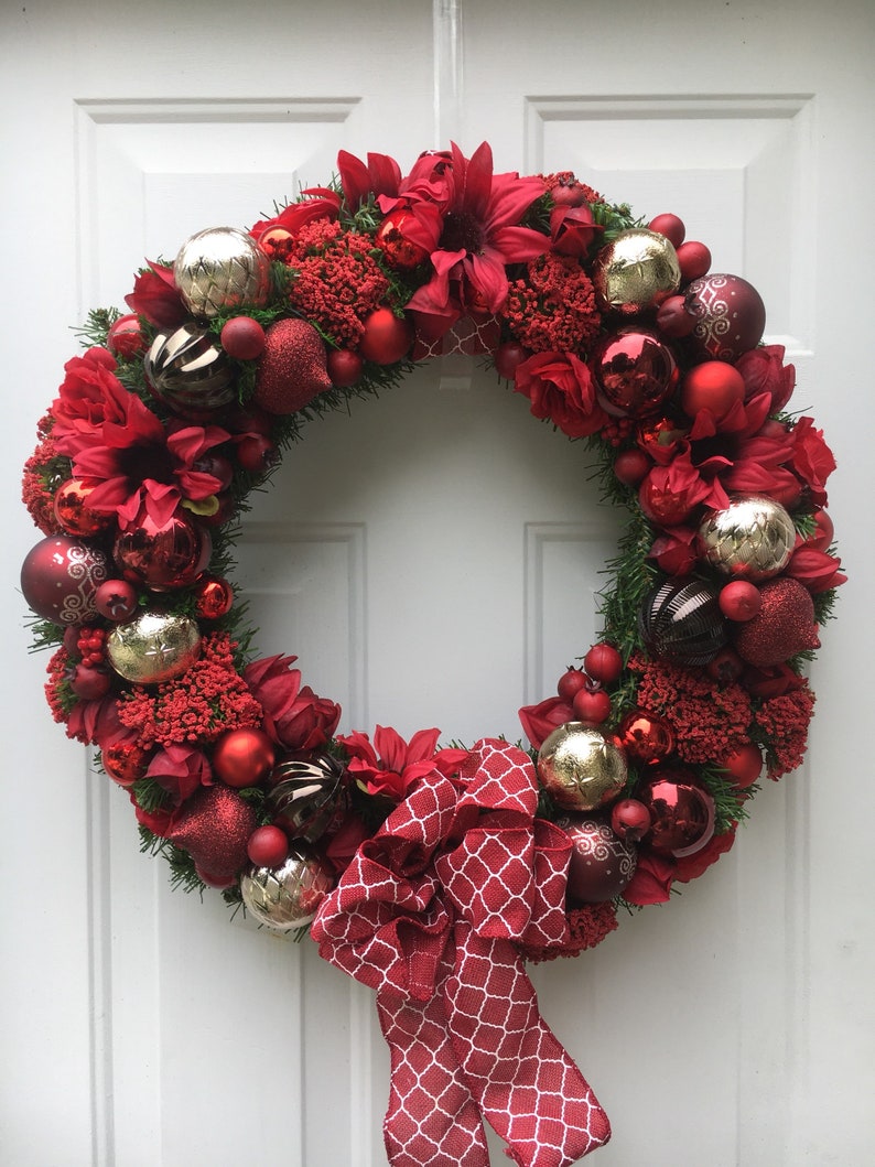 Red and gold Christmas wreath red Holiday ornament wreath Christmas front door wreath Holiday decoration image 2